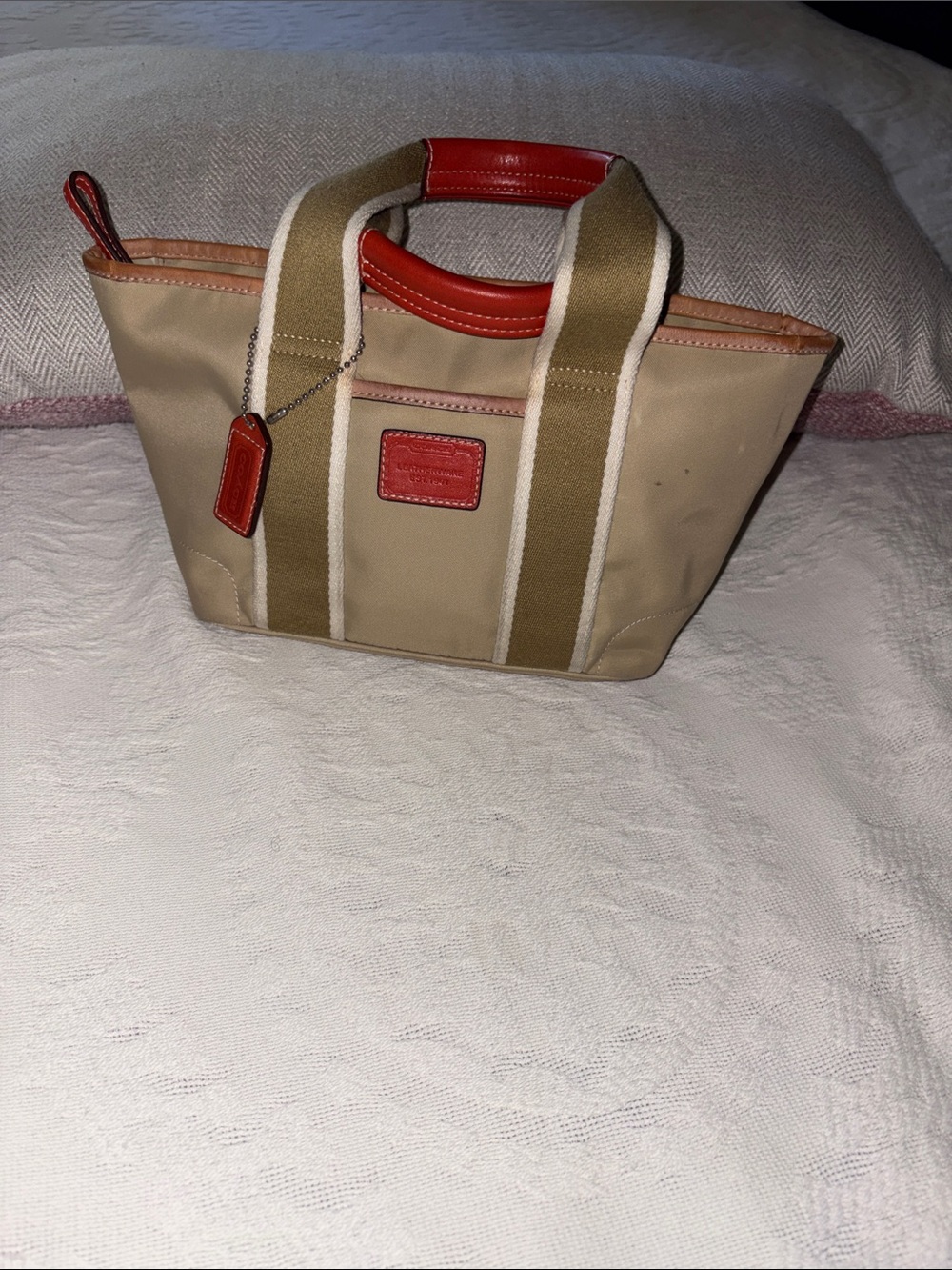 Vintage Y2K Coach Mini Canvas /Leather Hampton Tote Bag / Red Trim Handle EUC